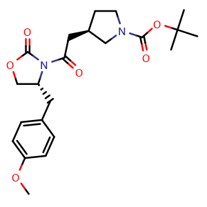 Chemical structure of 2-methylpropan-2-yl (3R)-3-{2-[(4R)-4-[(4-methoxyphenyl)methyl]-2-oxo-1,3-oxazolidin-3-yl]-2-oxoethyl}tetrahydropyrrole-1-carboxylate , AChemBlock AD273336