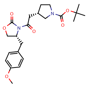 Chemical structure of 2-methylpropan-2-yl (3S)-3-{2-[(4R)-4-[(4-methoxyphenyl)methyl]-2-oxo-1,3-oxazolidin-3-yl]-2-oxoethyl}tetrahydropyrrole-1-carboxylate , AChemBlock AD273337