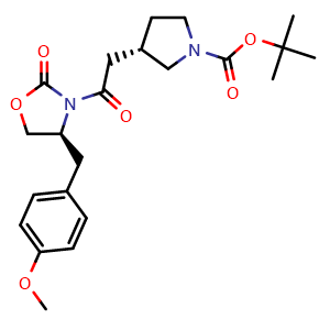 Chemical structure of 2-methylpropan-2-yl (3S)-3-{2-[(4S)-4-[(4-methoxyphenyl)methyl]-2-oxo-1,3-oxazolidin-3-yl]-2-oxoethyl}tetrahydropyrrole-1-carboxylate , AChemBlock AD273338
