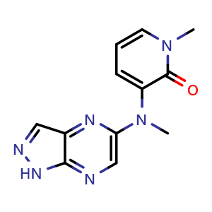 Chemical structure of 3-[(1H-pyrazolo[3,4-b]pyrazin-5-yl)(methyl)amino]-1-methyl-1,2-dihydropyridin-2-one , AChemBlock AD273344