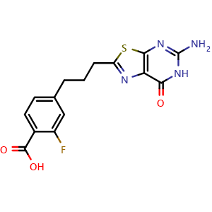 Chemical structure of 4-[3-(5-amino-7-oxo-6H-[1,3]thiazolo[5,4-d]pyrimidin-2-yl)propyl]-2-fluorobenzoic acid , AChemBlock AD273349