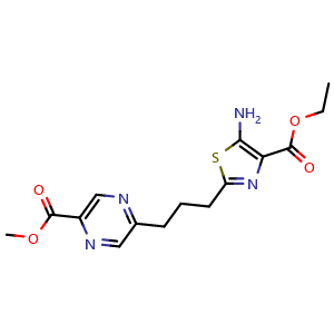 Chemical structure of ethyl 5-amino-2-{3-[5-(methoxycarbonyl)pyrazin-2-yl]propyl}-1,3-thiazole-4-carboxylate , AChemBlock AD273350