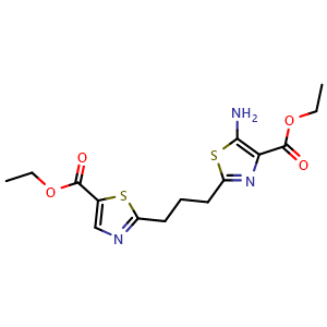 Chemical structure of ethyl 5-amino-2-{3-[5-(ethoxycarbonyl)-1,3-thiazol-2-yl]propyl}-1,3-thiazole-4-carboxylate , AChemBlock AD273351