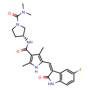 Chemical structure of (R,Z)-N-[1-(Dimethylcarbamoyl)-3-pyrrolidinyl]-5-[(5-fluoro-2-oxoindolin-3-ylidene)methyl]-2,4-dimethylpyrrole-3-carboxamide , AChemBlock AD273382