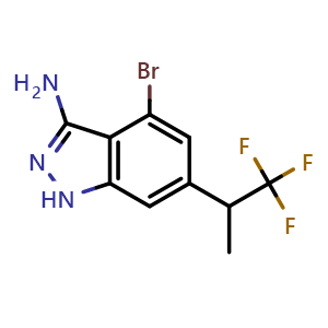 Chemical structure of 4-Bromo-6-(1,1,1-trifluoro-2-propyl)-1H-indazol-3-amine , AChemBlock AD273410