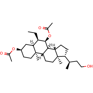 Chemical structure of (3R,5S,6R,7R,8S,9S,10S,13R,14S,17R)-6-Ethyl-17-[(R)-4-hydroxy-2-butyl]-10,13-dimethylhexadecahydro-1H-cyclopenta[a]phenanthrene-3,7-diyl diacetate , AChemBlock AD273425