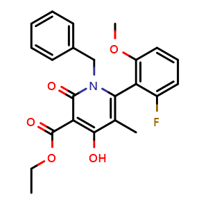 Chemical structure of Ethyl 1-benzyl-6-(2-fluoro-6-methoxyphenyl)-4-hydroxy-5-methyl-2-oxo-1,2-dihydropyridine-3-carboxylate , AChemBlock AD273428