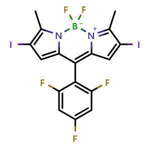 Chemical structure of 5,5-Difluoro-2,8-diiodo-3,7-dimethyl-10-(2,4,6-trifluorophenyl)-5H-dipyrrolo[1,2-c:2’,1’-f][1,3,2]diazaborinin-4-ium-5-uide , AChemBlock AD273441