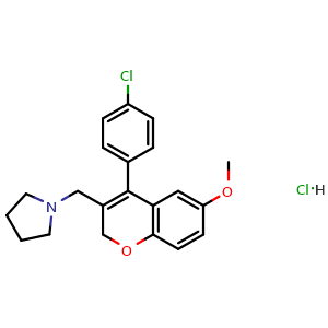 Chemical structure of 1-((4-(4-Chlorophenyl)-6-methoxy-2H-chromen-3-yl)methyl)pyrrolidine hydrochloride , AChemBlock AD273451