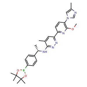 Chemical structure of (S)-6-(6-Methoxy-5-(4-methyl-1H-imidazol-1-yl)pyridin-2-yl)-4-methyl-N-(1-(4-(4,4,5,5-tetramethyl-1,3,2-dioxaborolan-2-yl)phenyl)ethyl)pyridazin-3-amine , AChemBlock AD273452