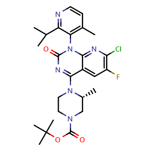 Chemical structure of tert-Butyl (R)-4-(7-chloro-6-fluoro-1-(2-isopropyl-4-methylpyridin-3-yl)-2-oxo-1,2-dihydropyrido[2,3-d]pyrimidin-4-yl)-3-methylpiperazine-1-carboxylate , AChemBlock AD273467