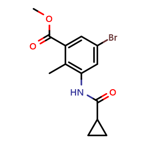 Chemical structure of Methyl 5-bromo-3-(cyclopropanecarboxamido)-2-methylbenzoate , AChemBlock AD273473