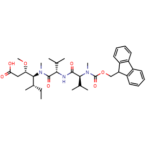 Chemical structure of (5S,8S,11S,12S)-11-((S)-Sec-butyl)-1-(9H-fluoren-9-yl)-5,8-diisopropyl-12-methoxy-4,10-dimethyl-3,6,9-trioxo-2-oxa-4,7,10-triazatetradecan-14-oic acid , AChemBlock AD273488
