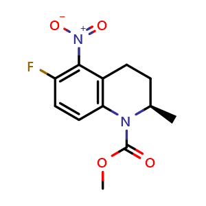 Chemical structure of Methyl (R)-6-fluoro-2-methyl-5-nitro-3,4-dihydroquinoline-1(2H)-carboxylate , AChemBlock AD273497
