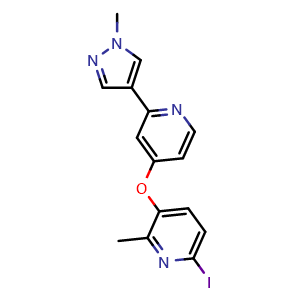 Chemical structure of 6-Iodo-2-methyl-3-((2-(1-methyl-1H-pyrazol-4-yl)pyridin-4-yl)oxy)pyridine , AChemBlock AD273500