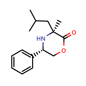 Chemical structure of (3S,5S)-3-Isobutyl-3-methyl-5-phenylmorpholin-2-one , AChemBlock AD273510