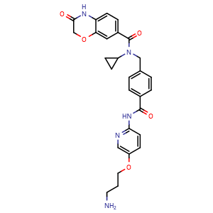 Chemical structure of N-(4-((5-(3-Aminopropoxy)pyridin-2-yl)carbamoyl)benzyl)-N-cyclopropyl-3-oxo-3,4-dihydro-2H-benzo[b][1,4]oxazine-7-carboxamide , AChemBlock AD273530