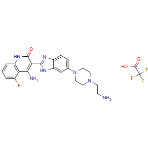 Chemical structure of 4-Amino-3-(6-(4-(2-aminoethyl)piperazin-1-yl)-1H-benzo[d]imidazol-2-yl)-5-fluoroquinolin-2(1H)-one 2,2,2-trifluoroacetate , AChemBlock AD273532