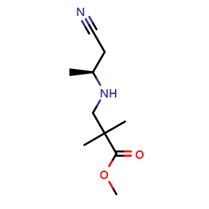 Chemical structure of (S)-Methyl 3-((1-cyanopropan-2-yl)amino)-2,2-dimethylpropanoate , AChemBlock AD273537