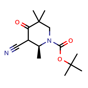 Chemical structure of (2S)-tert-Butyl 3-cyano-2,5,5-trimethyl-4-oxopiperidine-1-carboxylate , AChemBlock AD273538