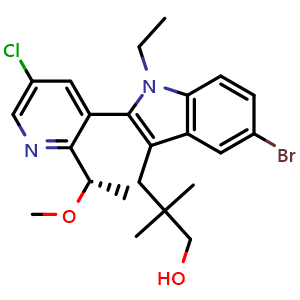 Chemical structure of (S)-3-(5-Bromo-2-(5-chloro-2-(1-methoxyethyl)pyridin-3-yl)-1-ethyl-1H-indol-3-yl)-2,2-dimethylpropan-1-ol , AChemBlock AD273548