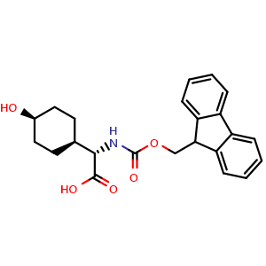 Chemical structure of (S)-2-((((9H-fluoren-9-yl)methoxy)carbonyl)amino)-2-((1s,4R)-4-hydroxycyclohexyl)acetic acid , AChemBlock AD273599
