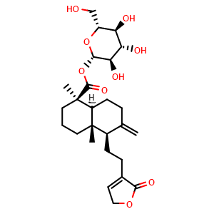 Chemical structure of Ent-Labda-8(17),13-dien-16,15-olid-19-oic acid glucosyl ester , CAS 919120-78-8, AChemBlock AD273635