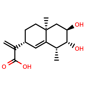 Chemical structure of 2-((2R,4aS,6R,7R,8R)-6,7-Dihydroxy-4a,8-dimethyl-2,3,4,4a,5,6,7,8-octahydro-naphthalen-2-yl)-acrylic acid , CAS 185821-32-3, AChemBlock AD273691