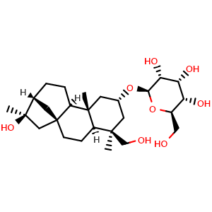 Chemical structure of (2R,3R,4R,5S,6R)-2-[[(1S,4S,5R,7S,9S,10R,13R,14R)-14-Hydroxy-5-(hydroxymethyl)-5,9,14-trimethyl-7-tetracyclo[11.2.1.01,10.04,9]hexadecanyl]oxy]-6-(hydroxymethyl)oxane-3,4,5-triol , CAS 195723-38-7, AChemBlock AD273856