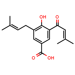 Chemical structure of 4-Hydroxy-3-(3-methyl-2-butenoyl)-5-(3-methyl-2-butenyl)benzoic acid , CAS 155051-85-7, AChemBlock AD273891