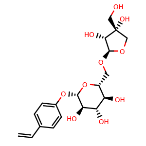 Chemical structure of p-Vinylphenyl O-[beta-D-apiofurasyl-(1-6)]-beta-D-glucopyraside , CAS 112047-91-3, AChemBlock AD273924