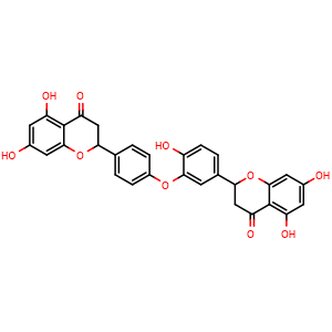 Chemical structure of 2-(4-(5-(5,7-dihydroxy-4-oxochroman-2-yl)-2-hydroxyphenoxy)phenyl)-5,7-dihydroxychroman-4-one , CAS 678138-59-5, AChemBlock AD273952