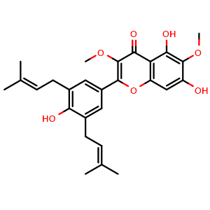 Chemical structure of 5,7,4'-Trihydroxy-3,6-dimethoxy-3',5'-diprenylflavone , CAS 1246926-08-8, AChemBlock AD274060