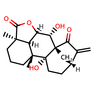 Chemical structure of (3aR,3a1S,5aR,6R,6aS,9R,11aR,11bR)-6,11a-Dihydroxy-3a,11b-dimethyl-8-methylenedodecahydro-1H-6a,9-methanocyclohepta[3,4]naphtho[1,8-bc]furan-4,7-dione , CAS 59885-89-1, AChemBlock AD274210