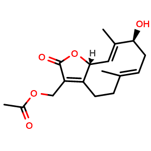 Chemical structure of 13-Acetoxy-3beta-hydroxygermacra-1(10)E,4E,7(11)-trien-12,6alpha-olide , CAS 126829-66-1, AChemBlock AD274346