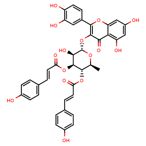 Chemical structure of (2S,3S,4S,5R,6S)-6-((2-(3,4-diHydroxyphenyl)-5,7-dihydroxy-4-oxo-4H-chromen-3-yl)oxy)-5-hydroxy-2-methyltetrahydro-2H-pyran-3,4-diyl (2E,2'E)-bis(3-(4-hydroxyphenyl)acrylate) , CAS 437615-43-5, AChemBlock AD274482