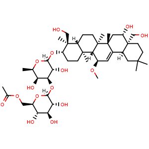 Chemical structure of ((2R,3S,4S,5R,6S)-6-(((2R,3R,4S,5S,6R)-3,5-diHydroxy-2-(((3S,4R,4aR,6aR,6bS,8S,8aS,12aS,14R,14aR,14bS)-8-hydroxy-4,8a-bis(hydroxymethyl)-14-methoxy-4,6a,6b,11,11,14b-hexamethyl-1,2,3,4,4a,5,6,6a,6b,7,8,8a,9,10,11,12,12a,14,14a,14b-icosahydropicen-3-y.. , CAS 104109-34-4, AChemBlock AD274486