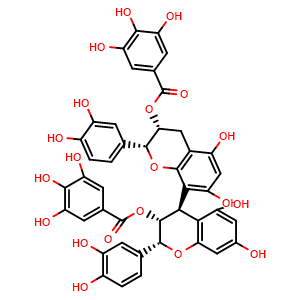 Chemical structure of [(2R,3R,4R)-2-(3,4-diHydroxyphenyl)-4-[(2R,3R)-2-(3,4-dihydroxyphenyl)-5,7-dihydroxy-3-(3,4,5-trihydroxybenzoyl)oxy-chroman-8-yl]-5,7-dihydroxy-chroman-3-yl] 3,4,5-trihydroxybenzoate , CAS 79907-44-1, AChemBlock AD274498