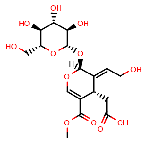 Chemical structure of (2S)-3-[(E)-2-Hydroxyethylidene]-2beta-(beta-D-glucopyranosyloxy)-2,3-dihydro-5-(methoxycarbonyl)-4H-pyran-4alpha-acetic acid , CAS 131836-11-8, AChemBlock AD274529