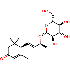 Chemical structure of (6R,9S)-3-Oxo-alpha-ionol glucoside , CAS 159813-37-3, AChemBlock AD274540