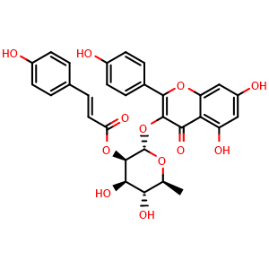 Chemical structure of (2S,3R,4R,5R,6S)-2-((5,7-diHydroxy-2-(4-hydroxyphenyl)-4-oxo-4H-chromen-3-yl)oxy)-4,5-dihydroxy-6-methyltetrahydro-2H-pyran-3-yl (E)-3-(4-hydroxyphenyl)acrylate , CAS 151455-10-6, AChemBlock AD274549