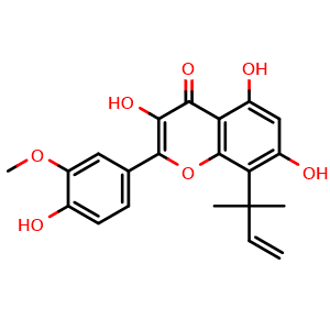 Chemical structure of 8-(1,1-Dimethyl-2-propenyl)-3'-methoxykaempferol , CAS 1859979-00-2, AChemBlock AD274561