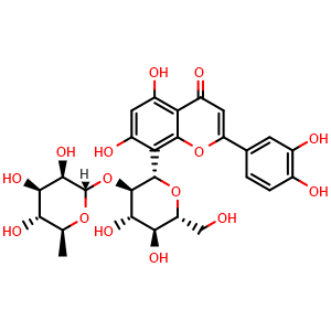 Chemical structure of 8-((2S,3R,4S,5S,6R)-4,5-diHydroxy-6-(hydroxymethyl)-3-(((2S,3R,4R,5R,6S)-3,4,5-trihydroxy-6-methyltetrahydro-2H-pyran-2-yl)oxy)tetrahydro-2H-pyran-2-yl)-2-(3,4-dihydroxyphenyl)-5,7-dihydroxy-4H-chromen-4-one , CAS 81398-30-3, AChemBlock AD274565