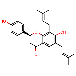 Chemical structure of (S)-2,3-Dihydro-7-hydroxy-2-(4-hydroxyphenyl)-6,8-bis(3-methyl-2-butenyl)-4H-1-benzopyran-4-one , CAS 50939-03-2, AChemBlock AD274610