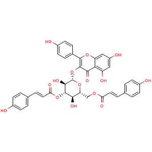 Chemical structure of ((2R,3R,4S,5R,6S)-6-((5,7-diHydroxy-2-(4-hydroxyphenyl)-4-oxo-4H-chromen-3-yl)oxy)-3,5-dihydroxy-4-(((E)-3-(4-hydroxyphenyl)acryloyl)oxy)tetrahydro-2H-pyran-2-yl)methyl (E)-3-(4-hydroxyphenyl)acrylate , CAS 218605-31-3, AChemBlock AD274623