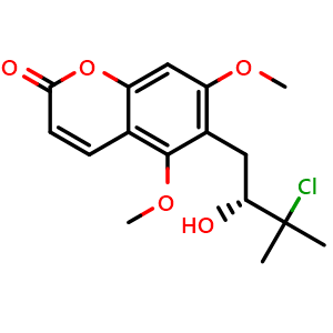 Chemical structure of (R)-6-(3-Chloro-2-hydroxy-3-methylbutyl)-5,7-dimethoxy-2H-chromen-2-one , CAS 15575-50-5, AChemBlock AD274625