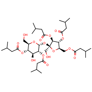 Chemical structure of (2R,3S,4S,5R,6R)-4-Hydroxy-2-(hydroxymethyl)-6-(((2S,3S,4R,5R)-2-(hydroxymethyl)-3,4-bis((3-methylbutanoyl)oxy)-5-(((3-methylbutanoyl)oxy)methyl)tetrahydrofuran-2-yl)oxy)tetrahydro-2H-pyran-3,5-diyl bis(3-methylbutanoate) , CAS 150302-84-4, AChemBlock AD274633