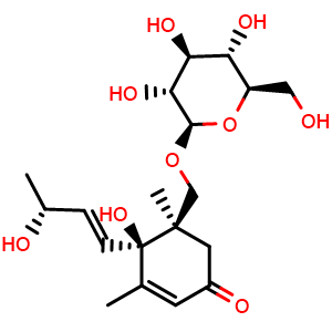 Chemical structure of (1R,6R,9R)-6,9,11-Trihydroxy-4,7-megastigmadien-3-one 11-O-glucoside , CAS 289914-68-7, AChemBlock AD274664