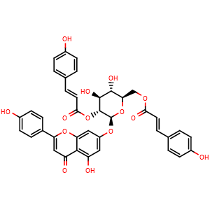 Chemical structure of (2S,3R,4S,5S,6R)-4,5-diHydroxy-2-((5-hydroxy-2-(4-hydroxyphenyl)-4-oxo-4H-chromen-7-yl)oxy)-6-((((E)-3-(4-hydroxyphenyl)acryloyl)oxy)methyl)tetrahydro-2H-pyran-3-yl (E)-3-(4-hydroxyphenyl)acrylate , CAS 1448779-19-8, AChemBlock AD274700