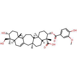 Chemical structure of 3beta-Vanilloyloxy-21beta29-dihydroxyserrat-14-en-24-oicacid , CAS 1217268-14-8, AChemBlock AD274716